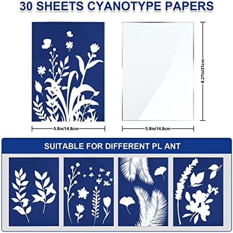 Papel de cianótipo 30 PCs Kit de papel de impressão solar com 1 Placa de acrílico A5 Desenho solar Papel Nature Nature Printing