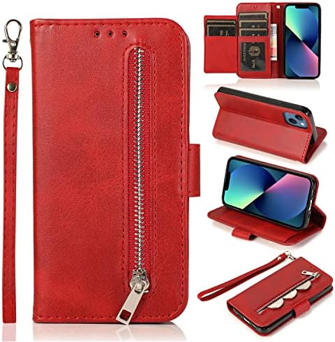 Caixa da carteira Eyzutak compatível com o iPhone 14 Plus, 5 slots de cartas de fechamento magnético Zipper bolso de bolso bolsa de couro PU Caixa de telefone protetora com pulseira tampa de kickstand tpu tpu - vermelho