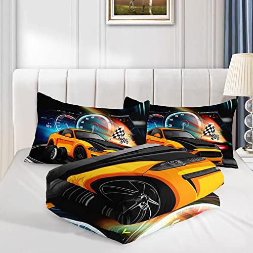Axolotl Race Car Bedding Conjunto de tamanho duplo, ex -edredom esportivo de meninos para crianças para garotos para garotos de corrida de carros, amarelo para consolador de carro de carro