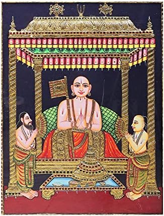 Índia Exótica Shri Ramanuja Tanjore Pintura | Cores tradicionais com ouro 24K | Quadro de teakwood | Ouro e madeira | H