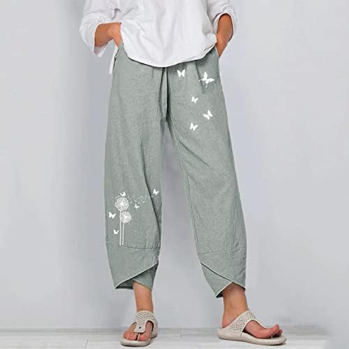 Calças de linho de verão para mulheres de tamanho de linho de algodão calça de pijama de impressão floral pernas largas
