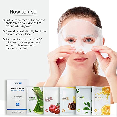 Youcomx Facial Sheet Mask10 Combo | Tratamento semanal de máscara definida para antienvelhecimento, hidratante, iluminação e hidratação