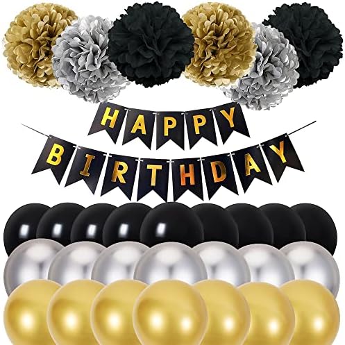 Decorações de aniversário preto dourado prateado pompoms balões decorações de festa kit de feliz aniversário kit para