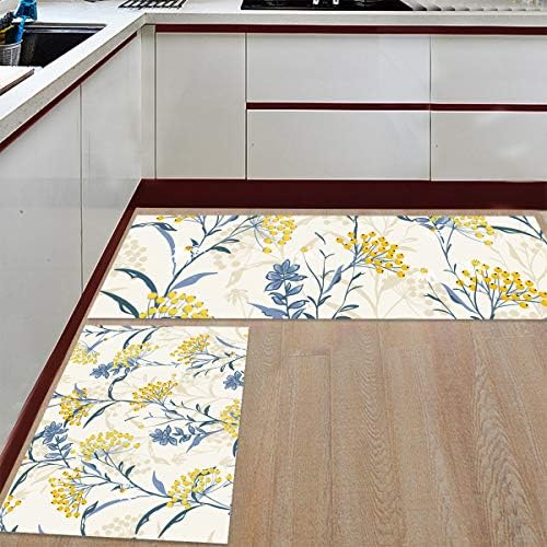 Zadaling 2 peças tapetes de cozinha Conjunto de plantas florais vintage Flores de verão Azul amarelo Absorvente de