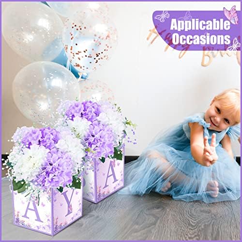 BUCHERRY 6 PCS Purple Butterfly Baby Shower Boxes Decorações Caixas de balões roxos com caixa de gênero de letra de bebê