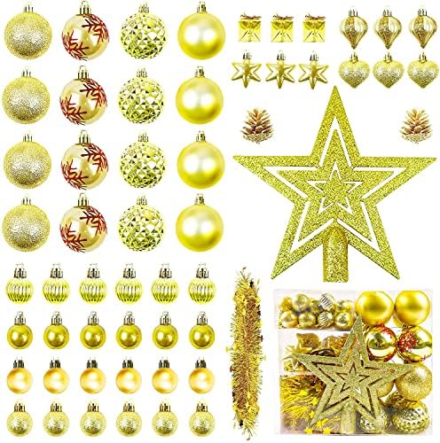 56pcs variados de bolas de Natal enfeites de ouro, embaraços de plástico transparente de plástico transparente com barbante, pendurando