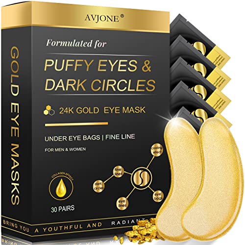 AvJone 24k Máscara de olho dourado - 30 par, olhos inchados e tratamentos de círculos escuros - alivie a pressão e reduza as rugas,