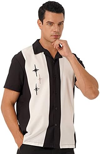 Winchang Mens 50s Retro Button Down Bowling Camisa de manga curta estilo cubano Retro camisas de acampamento de duas toneladas preto