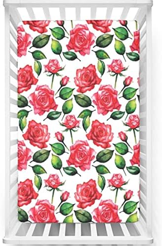 Mini folhas de berço com tema de rosa, lençóis de mini berço portáteis Criança de colchão macio de colchão de colchão de garotos ou garotas ou berçário, 24 “x38“, vermelho branco vermelho