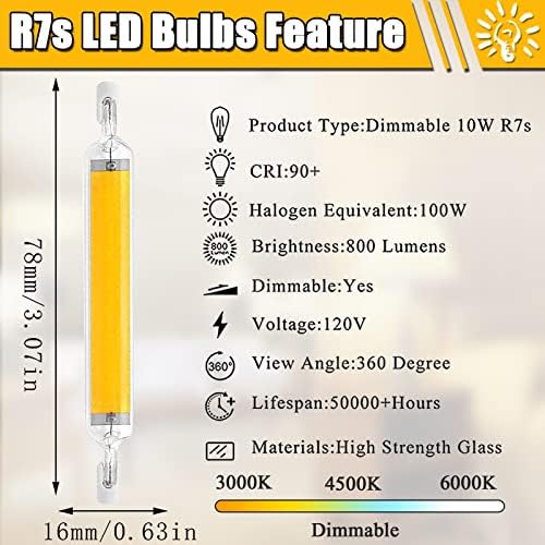 6 Pacote 10W Lâmpadas LED de LED 78 mm, 100W Bulbos de halogênio equivalentes, lâmpada de tubo de R7s de extremidade