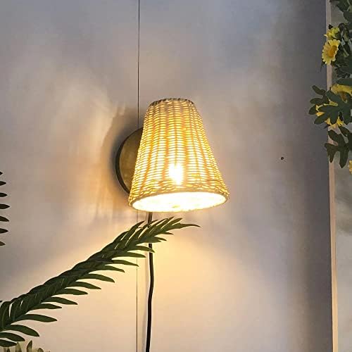 Infok Boho plugue arandelas de parede com cabo de chave liga/desliga para quarto, lâmpada de parede de vime de vime
