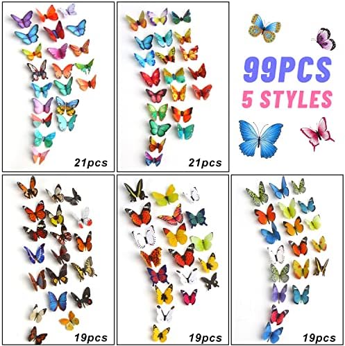 CCINEE 99PCS 3D Adesivos coloridos de parede de borboleta, 5 estilos adesivos de mural de parede decalques removíveis