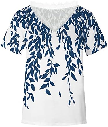Tops de manga curta para mulheres casuais de renda de primavera V Camisa de impressão floral camisetas raglan camisetas