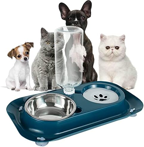 Tigelas de gato de cachorro duplo, tigela de água e comida com tigela de aço inoxidável destacável, garrafa automática