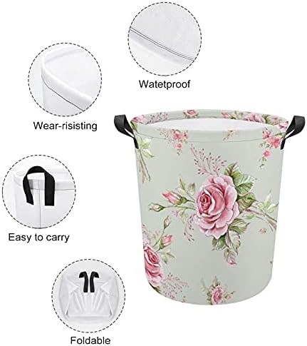 Saco de lavanderia de rosas aquarela com alças cestas de armazenamento à prova d'água em redonda dobrável 16,5 x 17,3 polegadas