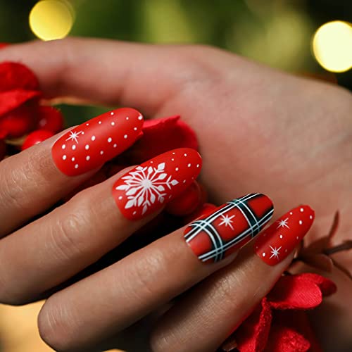 Florry Red Press On Nails, pregos de Natal para mulheres unhas falsas com desenhos de floco de neve de acrílico fosco