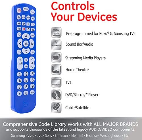 Controle remoto universal iluminado pela GE para Samsung, Vizio, LG, Sony, Sharp, Roku, Apple TV, TCL, Panasonic, TV inteligente,