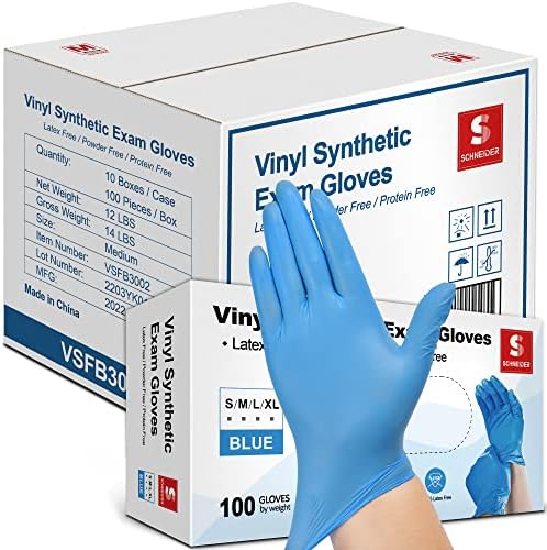 Luvas de exame sintéticas de Schneider Vinyl, azul, 4mil, sem luva descartável sem látex, para preparação médica, preparação para