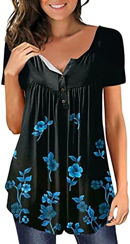 Túnicas de impressão floral para mulheres barriga escondida camisa tops soltos fit summer sum casual manga curta botão para