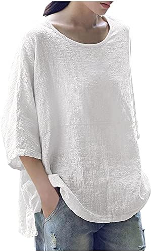 Mulheres 3/4 camisa de manga Blusa de algodão linho de algodão Sólido Tee Tops redonda pescoço solto t-shirt túnicas de verão camisetas
