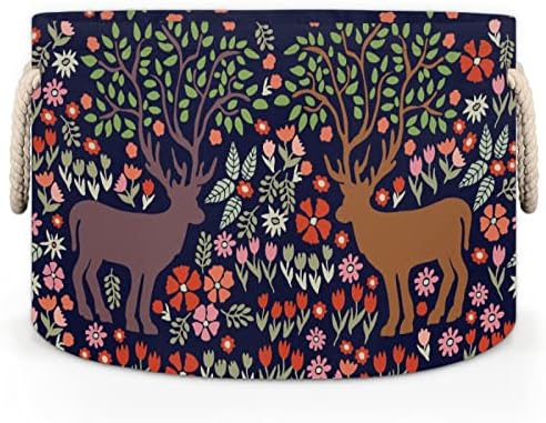 Elk Animal Flower Grandes cestas redondas para cestas de lavanderia de armazenamento com alças cestas de armazenamento
