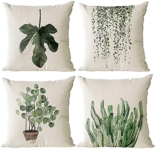 Monkeysell Tamas decorativas de travesseiro, 4 pacote de linho de linho de linho de algodão de padrão de planta verde Caso