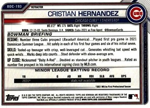 2021 Bowman Chrome Draft Refractor #BDC-193 Cristian Hernandez RC Rookie Chicago Cubs MLB Baseball Trading Card
