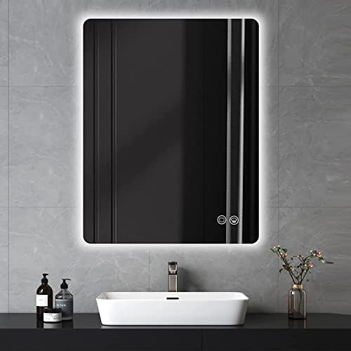Espelho de banheiro liderado por Gleiven 32 x24 com luz de fundo, espelho de vaidade do banheiro iluminado, espelho de vaidade anti-capa, 3 cores, luz quente/natural/branca