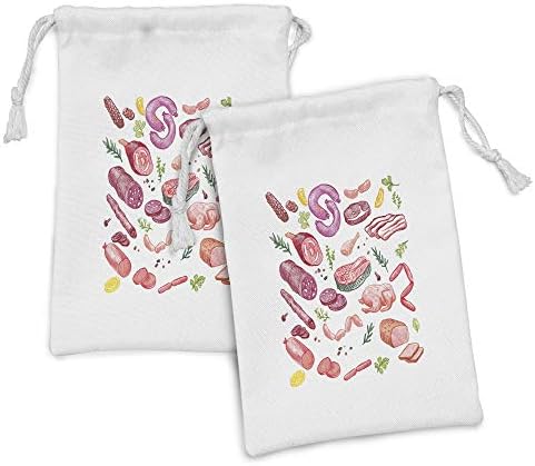 Conjunto de bolsas de tecido de alimentos de Ambesonne de 2, desenhos coloridos de carne de cozinha suculenta salsichas de presunto,