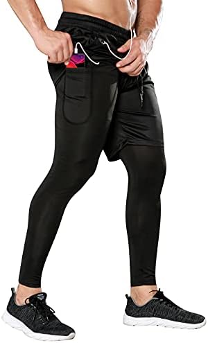 Odoland 2 embalam calças de corrida de compressão, 2 em 1 em 1 exercício atlético seco de moleta -shorts de academia com bolso