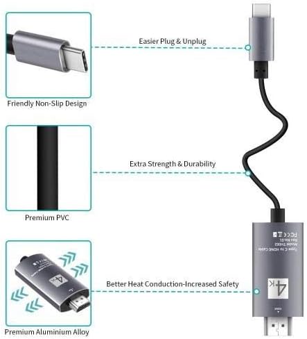 Cabo de ondas de caixa compatível com Vivo Y33S - SmartDisplay Cable - USB tipo C para HDMI, Cabo USB C/HDMI para Vivo Y33s - Jet Black