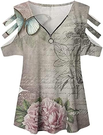 Manga curta 2023 fora de algodão vil de algodão V zip up impressão gráfica camiseta floral para meninas camisa de outono de verão