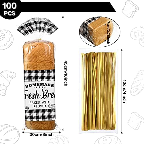 Sacos de pão para pão caseiro de Natal de pão de plástico transparente com laços de torção Buffalo preto Saco de pão de pão fresco para rolos e biscoitos para padeiros e padaria 18 x 8 polegadas