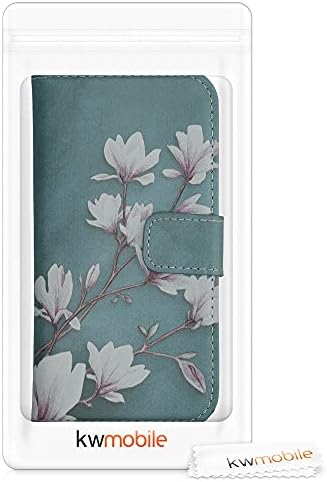 Caixa da carteira Kwmobile Compatível com Apple iPhone 12/iPhone 12 Pro - Case Faux Leather Cover - Magnolias taupe/branco/azul