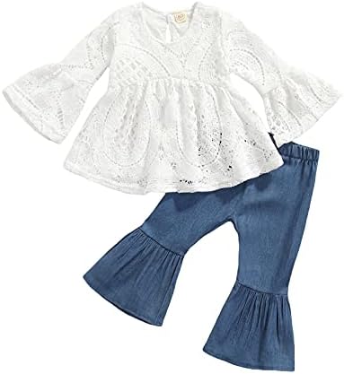 Nanyknighty Toddler Baby Girl Roupet Roupa Infant Girl Roupos Sólidos Lace Top Flare Pant Bell Bottoms 2pcs