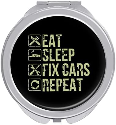 Mecânico Eat Sleep Fix Cars Cars Compact espelho redondo maquiagem de metal espelho de bolso portátil dobrável duplo-lado com 2x 1x
