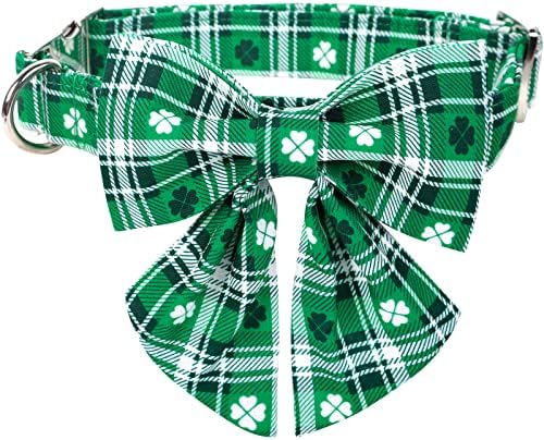 Lionet Paws St Patricks Day Dog Collar com Bowtie, Green Green Shamrock Clover Lucky Dog Bowtie Collar com fivela de