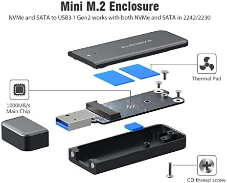 Elecgear USB Mini Gabinete para 2230/2242 NVME e SATA M.2 SSD, PCIE e Caixa de alojamento em alumínio ATA em série