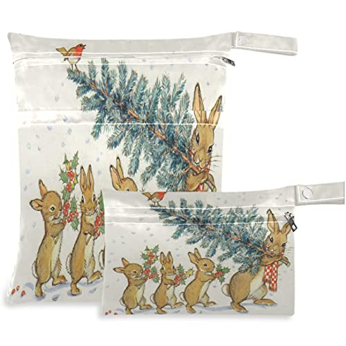 VISESUNNY Feliz Natal Vintage Snowflake Cardinal Bird Rabbit com árvore 2pcs bolsa molhada com bolsos com zíper para fraldas
