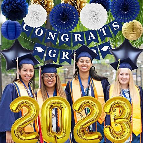 2023 Decorações de graduação azul marinho e ouro - Parabéns Banner de pós -graduação Pom Pom Poms Lanternas de papel número 2023