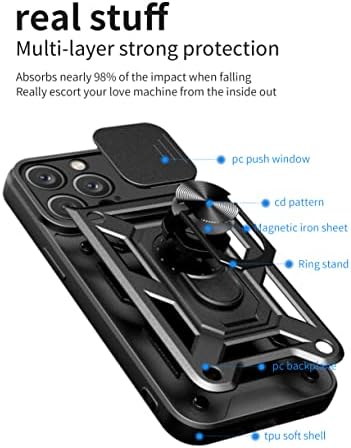 Donwell para iPhone 14 Pro Max Case com tampa da câmera deslizante e kickstand magnético anel, capa de telefone