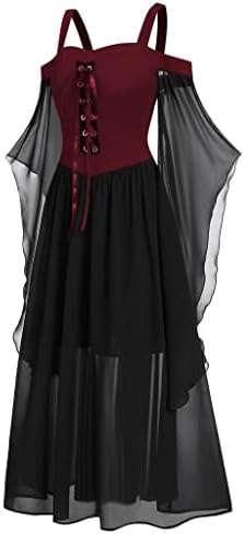 Vestidos góticos pejock para mulheres, Halloween feminino plus size ombro frio vestido comprido manga de borboleta Lace up vestidos longos