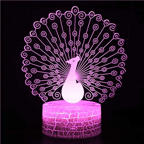 Jinnwell 3d pavão noturno lâmpada leve ilusão noite 7 cor alteração de toque toque mesa de mesa lâmpadas de decoração com acrílico Base de abdom