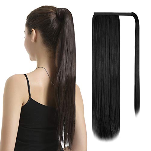 Extensão de rabo de cavalo preto de 26 polegadas de 26 polegadas em torno do clipe em cabelos de fibra sintética para mulheres