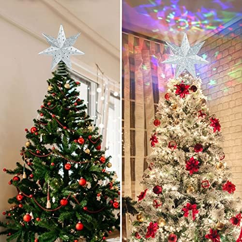 Dearhouse 3d Star Christmas Tree Topper Capfeistas de estrela iluminados com luzes de projetor rotativas LED, Silver Star Tree Topper para decorações de árvores de Natal