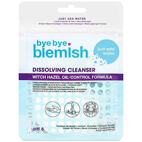 Bye Bye Blemish dissolvendo o limpador com avelã, sabonete de papel facial ativado pela água, remove sujeira e hidrata a pele,