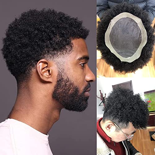 Voloria Afro -American Wigs Mono Lace com a base da Base PU Mens 120% de densidade média Afro Toupee de cabelo humano curto 1 Black