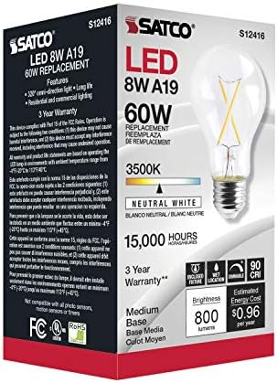 Lâmpadas de filamento de LEDs de Satco Dimmable, S12416, lúmens altos, 8 watts, A19; Claro; Base média; 3500K; 90 CRI; 120 volts para uso em residencial, hospitalidade, exibição e comercial