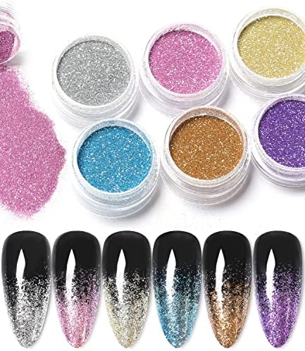 Douborq Glitter Fine para unhas lantejas 6 coloras mixadas holográficas Ultra Fine Iridescente Glitter Powder Flocos de arte de