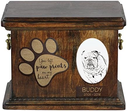 Art Dog Ltd. Bulldog Inglês, Urna para as cinzas de cachorro com placa de cerâmica e descrição